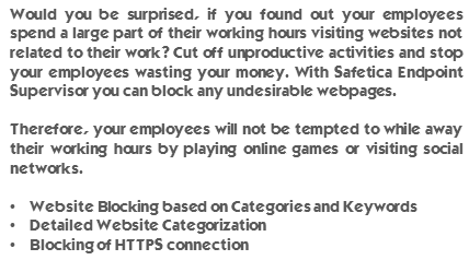 Would you be surprised, if you found out your employees spend a large part of their working hours visiting websites not related to their work? Cut off unproductive activities and stop your employees wasting your money. With Safetica Endpoint Supervisor you can block any undesirable webpages. Therefore, your employees will not be tempted to while away their working hours by playing online games or visiting social networks. Website Blocking based on Categories and Keywords, Detailed Website Categorization and Blocking of HTTPS connection
